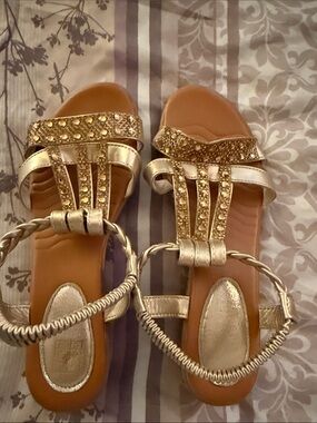 Gold Jeweled Women's T-Strap Sandals